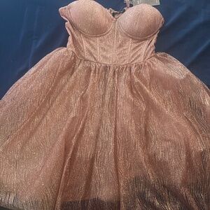 Strapless evening dress tags on